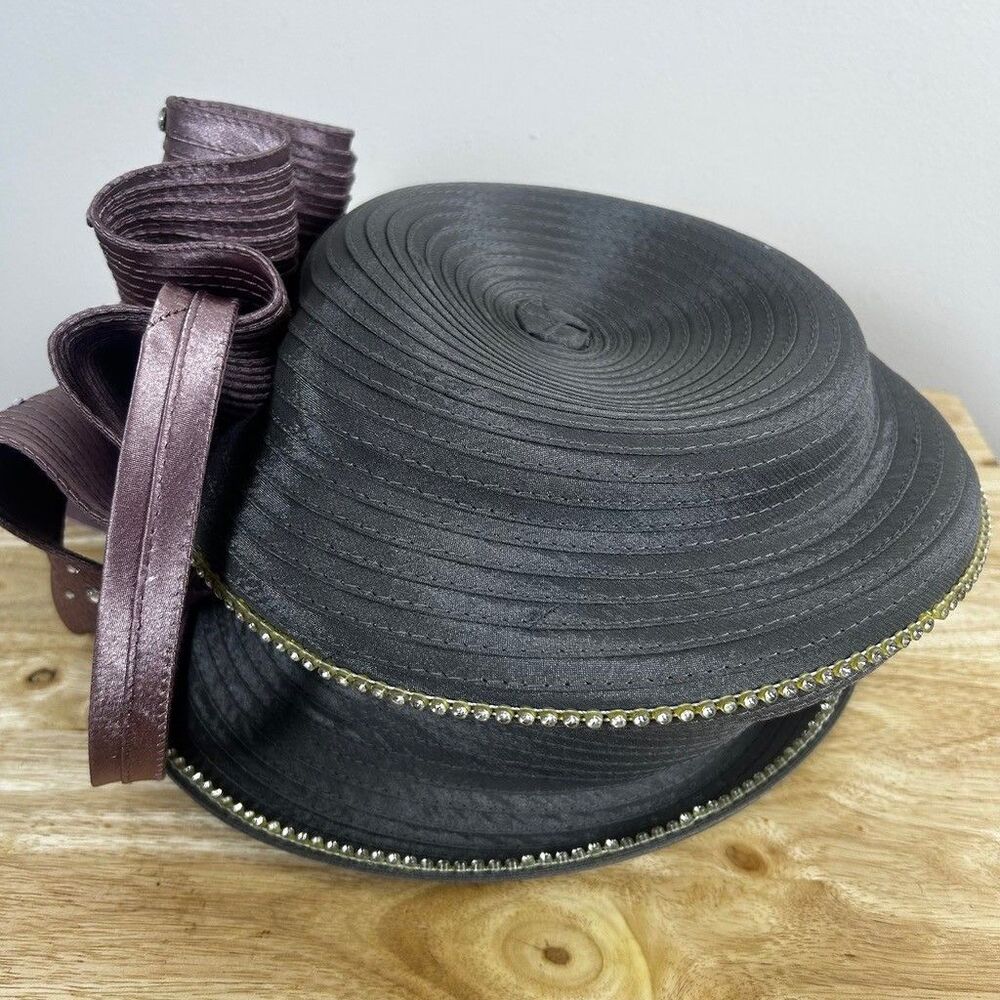 Susanna Womens Church Dress Hat Gray Purple Bow Rhinestone Derby Wedding - Picture 4 of 8
